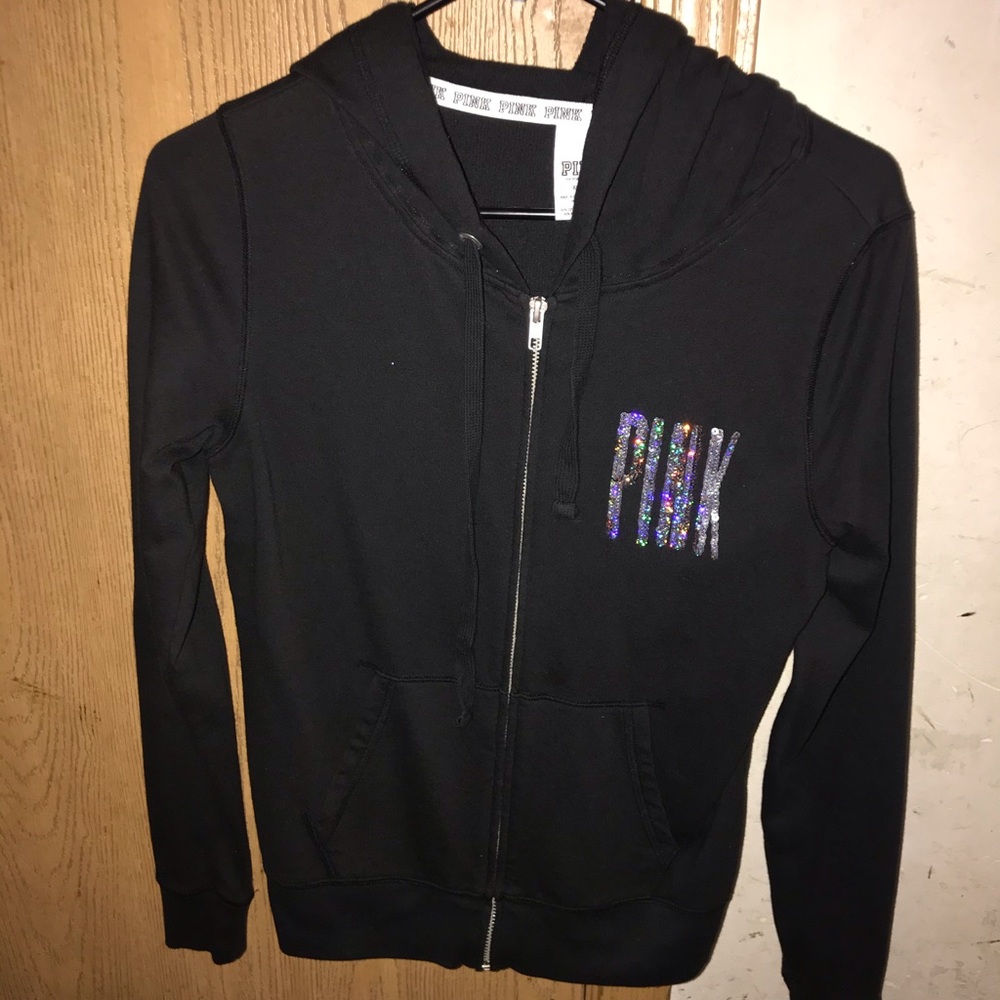 PINK Black Bedazzled Zipup Sweater